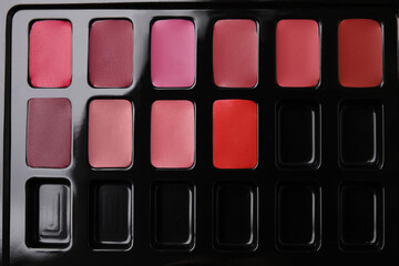 Cream lipstick palette as background, top view. Professional cosmetic product