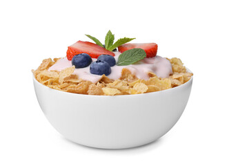 Delicious crispy cornflakes, yogurt and fresh berries in bowl isolated on white. Healthy breakfast