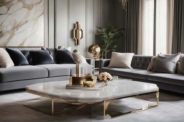 Hollywood regency style interior design of modern living room with marble coffee table and gray sofa - obrazy, fototapety, plakaty