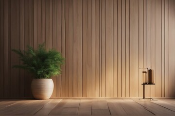 The interior background of the room with wooden paneling and a beige stucco wall with copy space