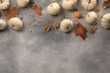 Flat lay composition with different fresh ripe pumpkins on light grey table, space for text