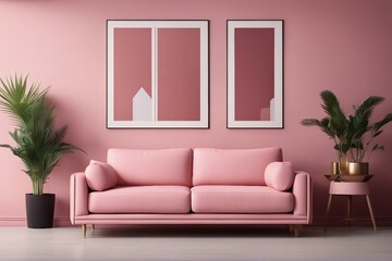 Pink sofa and chair near wall with two art poster mock up frames Postmodern memphis style interior 