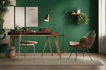 Wooden desk and metal wire chair near green wall Interior design of modern living room