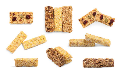 Collage with tasty granola bars on white background