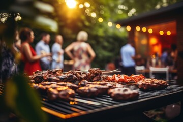 Various meats and vegetables getting grilled on a backyard grill during a barbeque party - obrazy, fototapety, plakaty