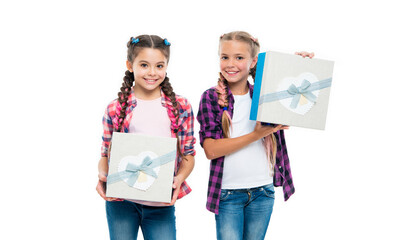 Fototapeta premium happy birthday. birthday gift box. children girls sharing gift. gift to friend. gift box from shopping. children girls with boxes. Girls eagerly opening a box