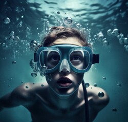 Young Explorer: Boy's Underwater Adventure with Scuba Mask