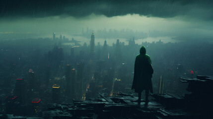 Man Standing Over Dystopian City made with Generative AI Technology 