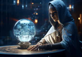 A beautiful female android in a white robe reads the future in a holographic crystal ball on a table. Cinematic scene of sci-fi divination. - obrazy, fototapety, plakaty