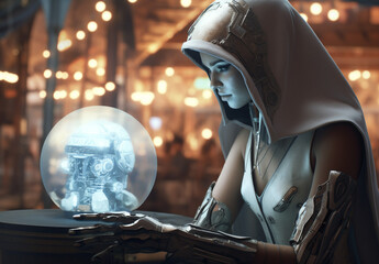 A young cyborg woman with a white hood and a crystal ball looks at the technological future through the hologram of a robot. Shaman with artificial intelligence and a cybernetic arm