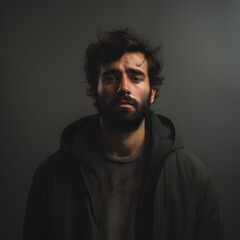 Fototapeta premium Portrait of handsome guy man on a dark and black background with dark clothes