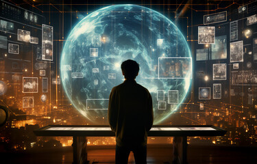 The silhouette of a person looking at the hologram of a global world sphere and futuristic screens with applications with artificial intelligence to work on the future of digital technology - obrazy, fototapety, plakaty