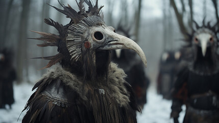 Nightmare creature with bird or vulture skull head, feathers and hood in a winter landscape with other terrifying beings. Bulgarian Kukeri festival. - obrazy, fototapety, plakaty