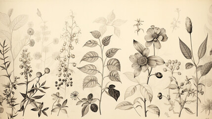 A hand drawn sketch in pencil and ink of some plants with leaves for a botanical study, on an old sheet of paper. Black and white illustration of flora on a vintage pattern background.