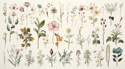 A paper from a botanical treatise with different plants and flowers drawn by hand and colored for scientific study. Floral pattern of illustrated vegetal elements an a scroll