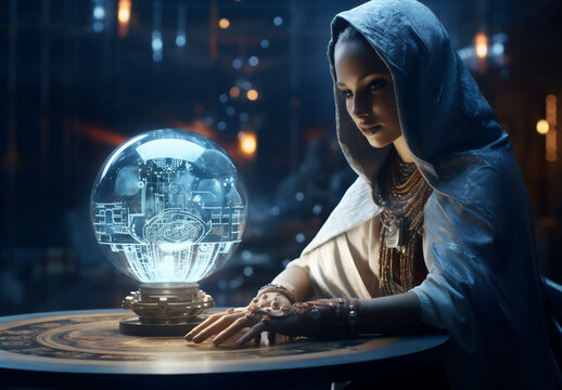 A beautiful female android in a white robe reads the future in a holographic crystal ball on a table. Cinematic scene of sci-fi divination.