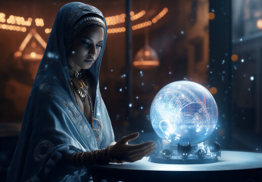 Mystical witch fortune teller reading the future of artificial intelligence in a technological crystal ball. Cinematic scene of a wich with closed eyes for a modern oracle.
