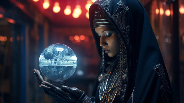 A dark witch dressed in black with closed eyes in a fair booth with red bulbs, reading the future in a futuristic crystal ball. A gypsy fortune-teller with ancient magical powers.