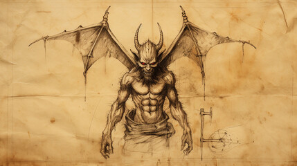 Graphite pencil drawing sketch of an evil demon with wings and horns, on an old paper of a grimoire or medieval book with ancient texture, for a representation of evil and satanic cults - obrazy, fototapety, plakaty