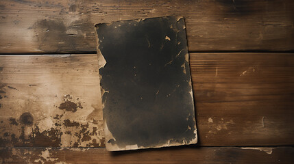 A black photo paper, overexposed, burned and ruined, over a dark wooden table with a rough texture. A mockup for vintage photography, top view from above