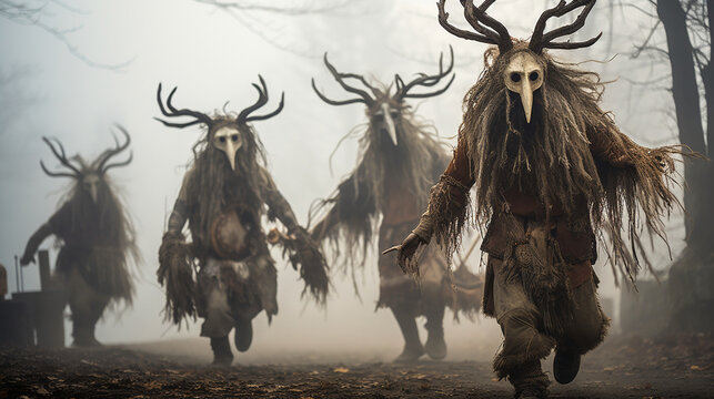 Kukeri, creatures from Bulgarian mythology and folklore wearing animal masks and horns, running and dancing in a cold, misty winter forest. Creepy nightmare representation