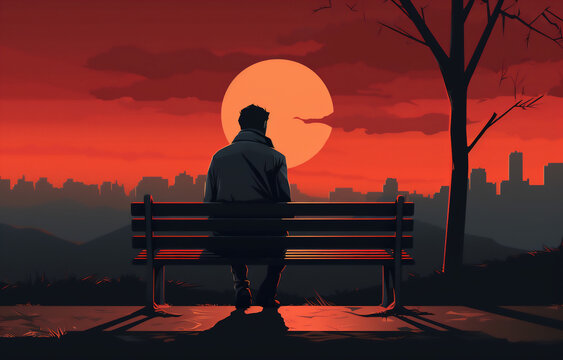 A solitary man sits on a bench, facing the sunset. The red sky and the city silhouette contrast his sadness. A representation of loneliness, melancholy, depression and heartbroken