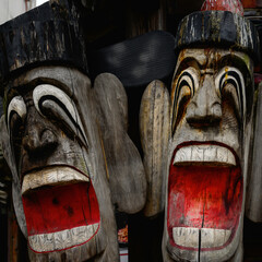 Korean traditional laughing mask faces close-up on the street at Jeonju-si Hanok Village in Jeonju...