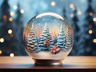 Christmas glass ball with tree in it on winter background, Christmas background, Generative Ai
