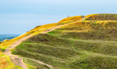 Obraz premium Steep path leading up to top of Herefordshire Beacon at British Camp hill fort,Malvern Hills,Herefordshire,England,UK.