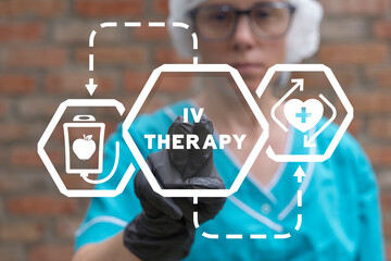 Doctor or nurse using virtual touchscreen sees inscription: IV THERAPY. Medicine concept of IV...