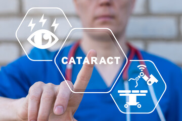 Doctor using virtual touch interface presses word: CATARACT. Healh care concept of cataract modern surgery. - obrazy, fototapety, plakaty