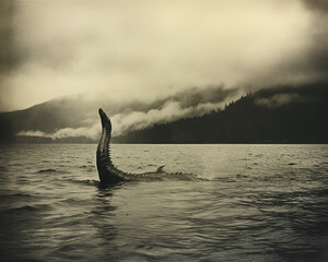 An old vintage photo in sepia tones of the Loch Ness monster captured in a historical document. Authentic cryptozoology, mysteries of nature, and real paranormal marine phenomena - obrazy, fototapety, plakaty
