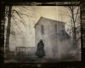 An old vintage ghostly damaged black and white photograph, showing a ghost girl and a haunted house in the background. A scary and spooky scene for horror and mystery fans