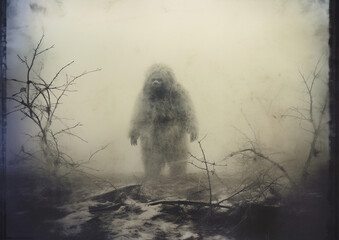 Cryptid sighting: a blurry sepia photo of a yeti or bigfoot in a misty forest. Mythical animal and cryptozoology concept for a mystery files