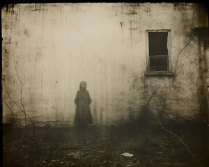 An old sepia toned photograph of the apparition of a little girl silhouetted on a white wall with a...