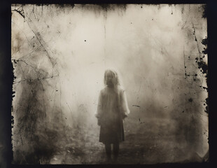 An old and scratched black and white photo of a spooky blonde girl in a dress, isolated in the mist of a blank background. A paranormal and scary horror scene of a real ghost.
