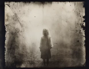 Fotobehang An old and scratched black and white photo of a spooky blonde girl in a dress, isolated in the mist of a blank background. A paranormal and scary horror scene of a real ghost. © Domingo