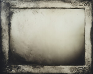 An empty white surface with an old vintage frame with ornamens with black-stained relief. Mockup for an antique framed photograph or painting, textured, worn, creepy and dirty, for a horror scene