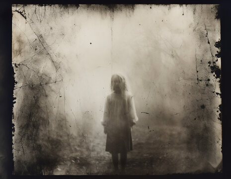 An old and scratched black and white photo of a spooky blonde girl in a dress, isolated in the mist of a blank background. A paranormal and scary horror scene of a real ghost.