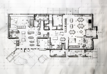 Architectural plan of a house in floor, drawn by hand by an architect, with the different spaces of the house, walls, dimensions and furniture, drawn on a white paper. Design process.