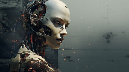 dirty and worn out female humanoid robot, with white casing and wires exposed, looking epic. A cinematic image for the background of a wallpaper about artificial intelligence and futuristic technology