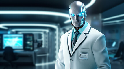 A scientific robot with bright blue eyes and a white doctor’s coat works in a futuristic and technological hospital clinic. Cyborg doctor with artificial intelligence and a computer screen