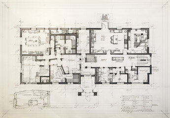 A textured paper with a hand-drawn sketch of a house floor plan, showing the layout of the rooms in a technical drawing style. Architecture studio for a building with measurements