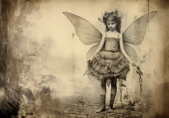 Foto op Canvas A hand drawn illustration or vintage black and white photo of a Victorian girl with wings, on an old textured paper of a scroll, with empty blank space for writing a poem or a fairy tale. © Domingo