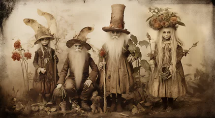 A Victorian style illustration for a storybook about elves, gnomes, sprites and fairies. Horrifying scene with old sinister beings with beards, top hats and floral ornaments over old vintage paper