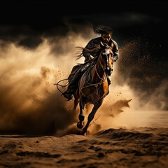 Man riding a horse, out of the dust
