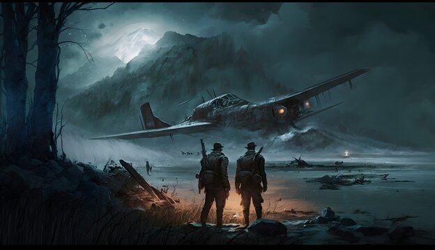A grainy painting of old army soldiers with mp40 gun standing by the river and in front of wreckage from a biplane Gloomy night with snowy mountains and trees in the background 