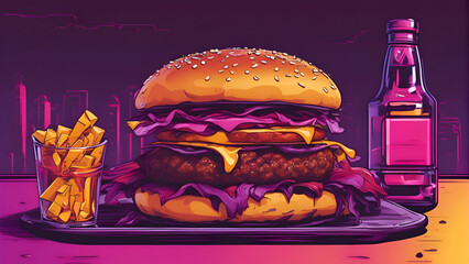 Hamburger and french fries on the table. Vector illustration. 