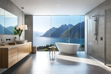 Modern bathroom with a tiled bathtub and clear shower cabin, illuminated by sunlight during the day at home