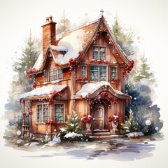 A cute old fashioned gingerbread style house decorated for Christmas. Generative AI. 